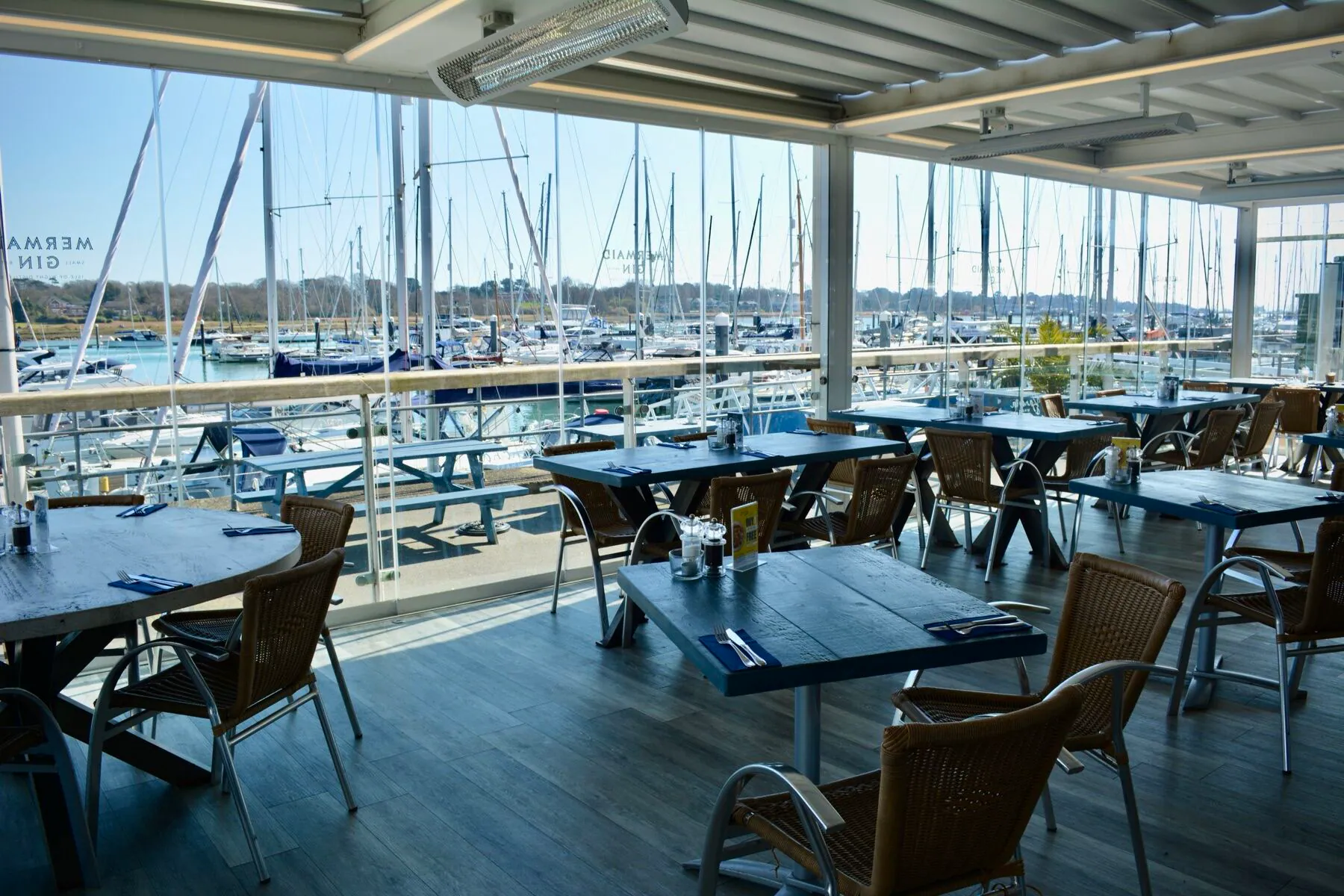 Port Hamble covered terrace looking out over the marina